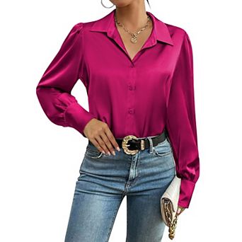 Zeagoo Silk Button Down Blouse for Women Lantern Sleeve Shirt Dressy Casual Work Tunic Top