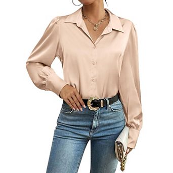 Zeagoo Silk Button Down Blouse for Women Lantern Sleeve Shirt Dressy Casual Work Tunic Top