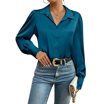 Zeagoo Silk Button Down Blouse for Women Lantern Sleeve Shirt Dressy Casual Work Tunic Top