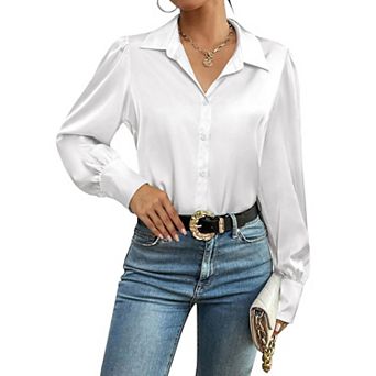 Zeagoo Silk Button Down Blouse for Women Lantern Sleeve Shirt Dressy Casual Work Tunic Top