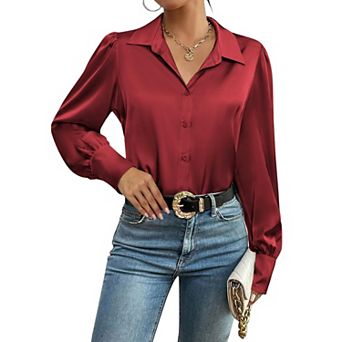 Zeagoo Silk Button Down Blouse for Women Lantern Sleeve Shirt Dressy Casual Work Tunic Top