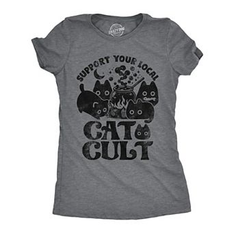 Womens Funny T Shirts Support Your Local Cat Cult Sarcastic Halloween Kitten Graphic Tee for Ladies