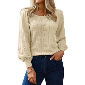 Zeagoo Women's Casual Cute Lightweight Puff Sleeve Cozy Crochet Knit Pullover Sweater Tops