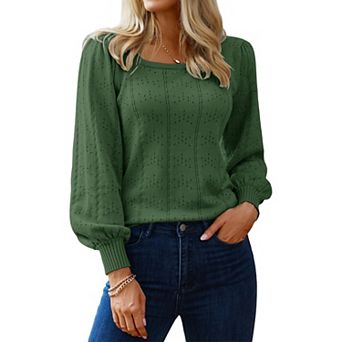 Zeagoo Women's Casual Cute Lightweight Puff Sleeve Cozy Crochet Knit Pullover Sweater Tops
