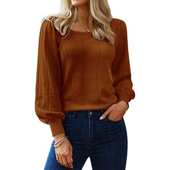 Zeagoo Women's Casual Cute Lightweight Puff Sleeve Cozy Crochet Knit Pullover Sweater Tops