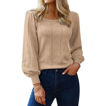 Zeagoo Women's Casual Cute Lightweight Puff Sleeve Cozy Crochet Knit Pullover Sweater Tops