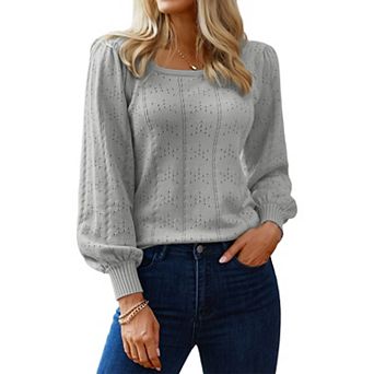 Zeagoo Women's Casual Cute Lightweight Puff Sleeve Cozy Crochet Knit Pullover Sweater Tops