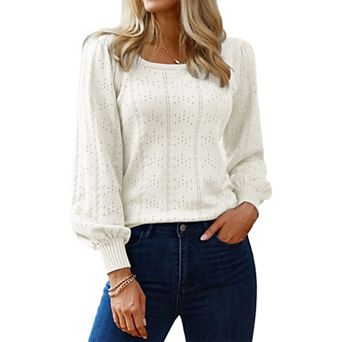 Zeagoo Women's Casual Cute Lightweight Puff Sleeve Cozy Crochet Knit Pullover Sweater Tops