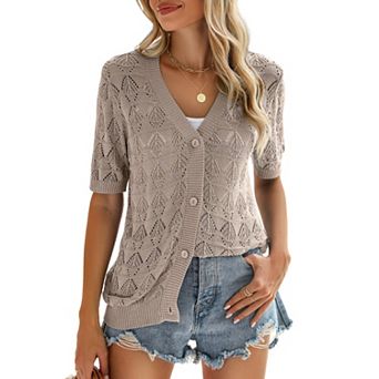 Zeagoo Women's Short Sleeve Crochet Cropped Cardigan V Neck Button Up Bolero Shrug Sweater