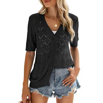 Zeagoo Women's Short Sleeve Crochet Cropped Cardigan V Neck Button Up Bolero Shrug Sweater