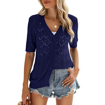Zeagoo Women's Short Sleeve Crochet Cropped Cardigan V Neck Button Up Bolero Shrug Sweater