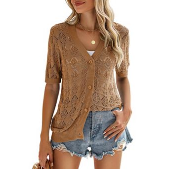 Zeagoo Women's Short Sleeve Crochet Cropped Cardigan V Neck Button Up Bolero Shrug Sweater