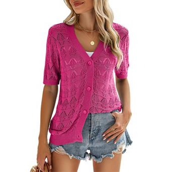 Zeagoo Women's Short Sleeve Crochet Cropped Cardigan V Neck Button Up Bolero Shrug Sweater