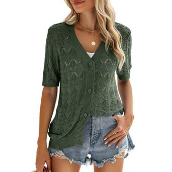 Zeagoo Women's Short Sleeve Crochet Cropped Cardigan V Neck Button Up Bolero Shrug Sweater