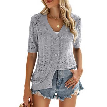 Zeagoo Women's Short Sleeve Crochet Cropped Cardigan V Neck Button Up Bolero Shrug Sweater