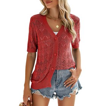 Zeagoo Women's Short Sleeve Crochet Cropped Cardigan V Neck Button Up Bolero Shrug Sweater