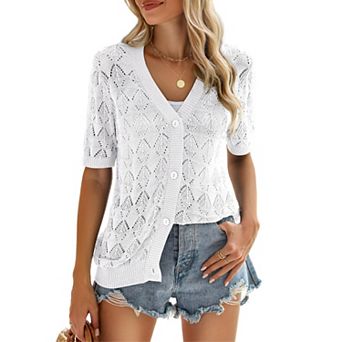 Zeagoo Women's Short Sleeve Crochet Cropped Cardigan V Neck Button Up Bolero Shrug Sweater