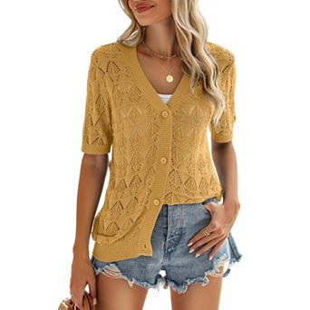 Zeagoo Women's Short Sleeve Crochet Cropped Cardigan V Neck Button Up Bolero Shrug Sweater