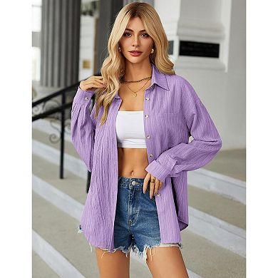 Zeagoo Women's Business Casual Button Down Tops Textured Collared Work Blouses with Pockets