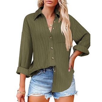 Zeagoo Women's Business Casual Button Down Tops Textured Collared Work Blouses with Pockets