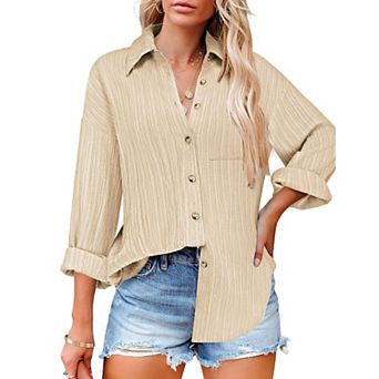 Zeagoo Women's Business Casual Button Down Tops Textured Collared Work Blouses with Pockets