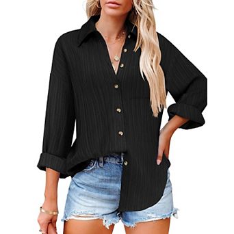 Zeagoo Women's Business Casual Button Down Tops Textured Collared Work Blouses with Pockets