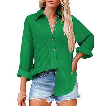 Zeagoo Women's Business Casual Button Down Tops Textured Collared Work Blouses with Pockets