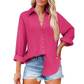 Zeagoo Women's Business Casual Button Down Tops Textured Collared Work Blouses with Pockets