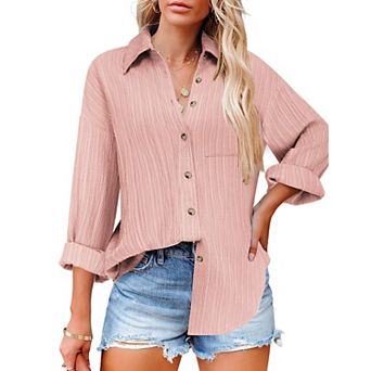 Zeagoo Women's Business Casual Button Down Tops Textured Collared Work Blouses with Pockets