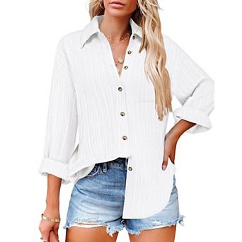 Zeagoo Women's Business Casual Button Down Tops Textured Collared Work Blouses with Pockets