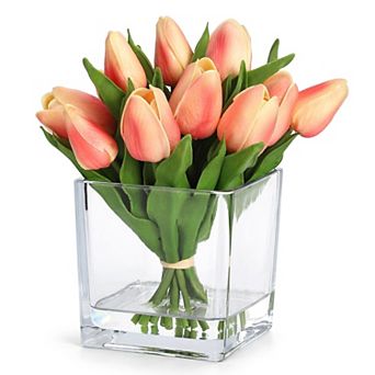 12 Heads PU Mini Real Touch Tulip Bouquets, Real Touch Faux Tulips Flowers Arrangement for Vase