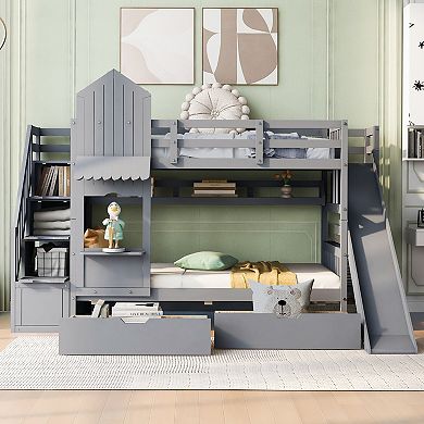 Merax Bunk Bed with 2 Drawers 3 Shelves and Slide