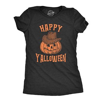 Womens Happy Y'alloween T Shirt Funny Halloween Jack-O-Lantern Cowboy Graphic Novelty Tee