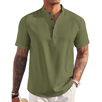 COOFANDY Men' Linen Henley Shirt Short Sleeve Hippie Casual Beach T Shirts Band Collar Summer