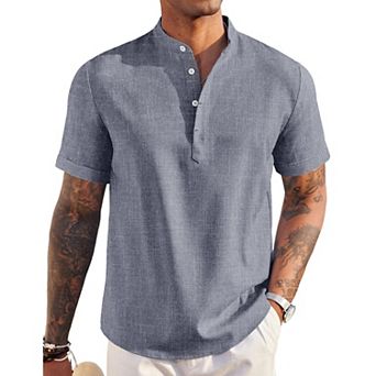 COOFANDY Men' Linen Henley Shirt Short Sleeve Hippie Casual Beach T Shirts Band Collar Summer