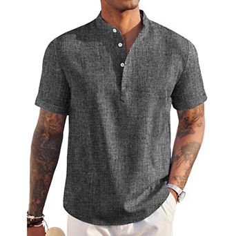 COOFANDY Men' Linen Henley Shirt Short Sleeve Hippie Casual Beach T Shirts Band Collar Summer