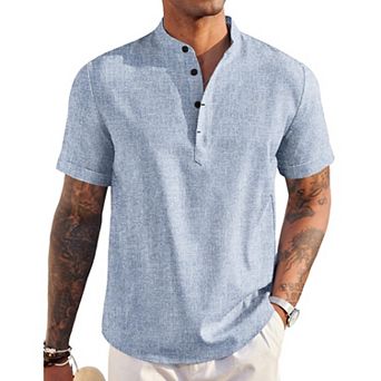 COOFANDY Men' Linen Henley Shirt Short Sleeve Hippie Casual Beach T Shirts Band Collar Summer