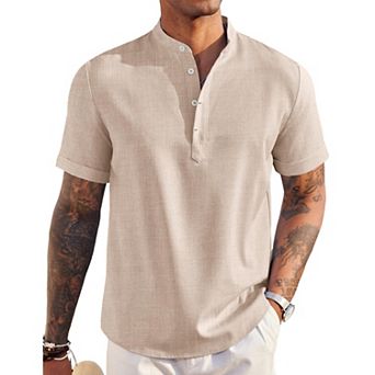 COOFANDY Men' Linen Henley Shirt Short Sleeve Hippie Casual Beach T Shirts Band Collar Summer