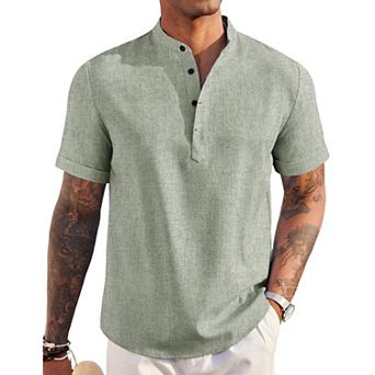 COOFANDY Men' Linen Henley Shirt Short Sleeve Hippie Casual Beach T Shirts Band Collar Summer