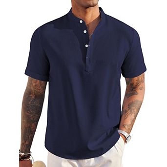 COOFANDY Men' Linen Henley Shirt Short Sleeve Hippie Casual Beach T Shirts Band Collar Summer