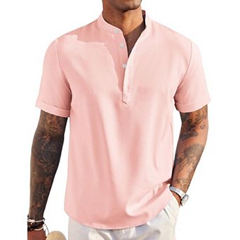 COOFANDY Men' Linen Henley Shirt Short Sleeve Hippie Casual Beach T Shirts Band Collar Summer