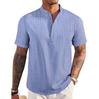 COOFANDY Men' Linen Henley Shirt Short Sleeve Hippie Casual Beach T Shirts Band Collar Summer
