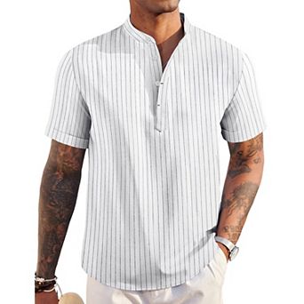 COOFANDY Men' Linen Henley Shirt Short Sleeve Hippie Casual Beach T Shirts Band Collar Summer