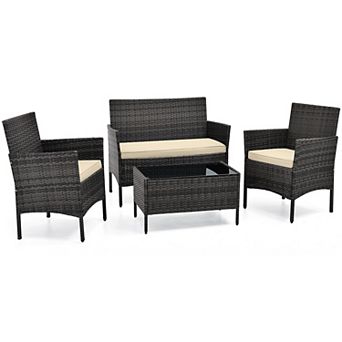 Costway 4 pc Patio Furniture Set with Washable Cushions and Tempered Glass Coffee Table