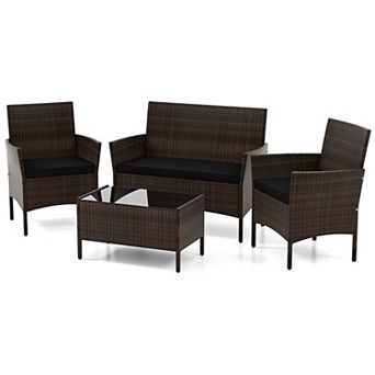 Costway 4 pc Patio Furniture Set with Washable Cushions and Tempered Glass Coffee Table