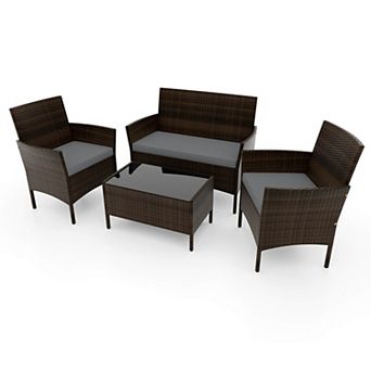 Costway 4 pc Patio Furniture Set with Washable Cushions and Tempered Glass Coffee Table
