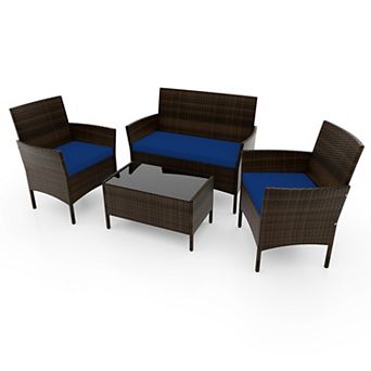 Costway 4 pc Patio Furniture Set with Washable Cushions and Tempered Glass Coffee Table