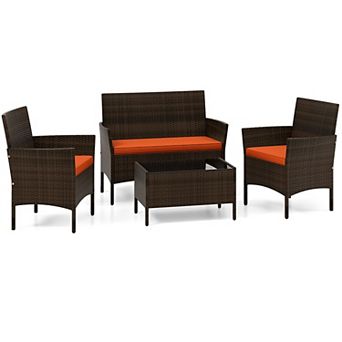 Costway 4 pc Patio Furniture Set with Washable Cushions and Tempered Glass Coffee Table