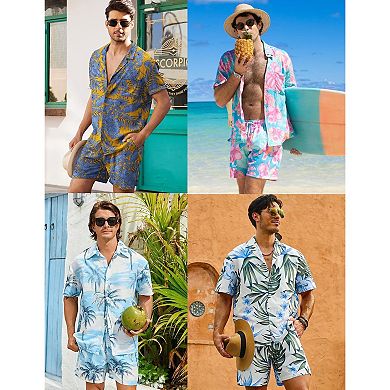 COOFANDY Men' Flower Shirt Hawaiian Matching Sets Casual Button Down Short Sleeve Shirt Two Piece