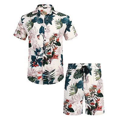 COOFANDY Men' Flower Shirt Hawaiian Matching Sets Casual Button Down Short Sleeve Shirt Two Piece